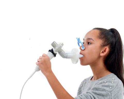 Spirometer, Filter, and Nose Clip in Use
